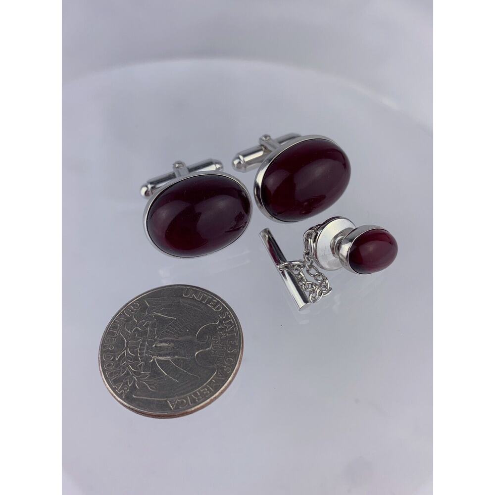 Red Cabochon Silver Tone Cufflinks Tie Pin Acrylic Oval Anson Vintage - Picture 5 of 6
